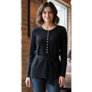 FRENCH CONNECTION Black Light Wool Button Front Tie Belt Knit Sweater Top Small
